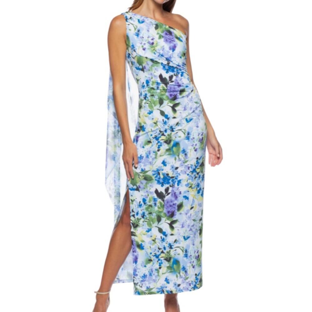 Marina Floral One Shoulder Maxi Dress - Green Multi Size 6